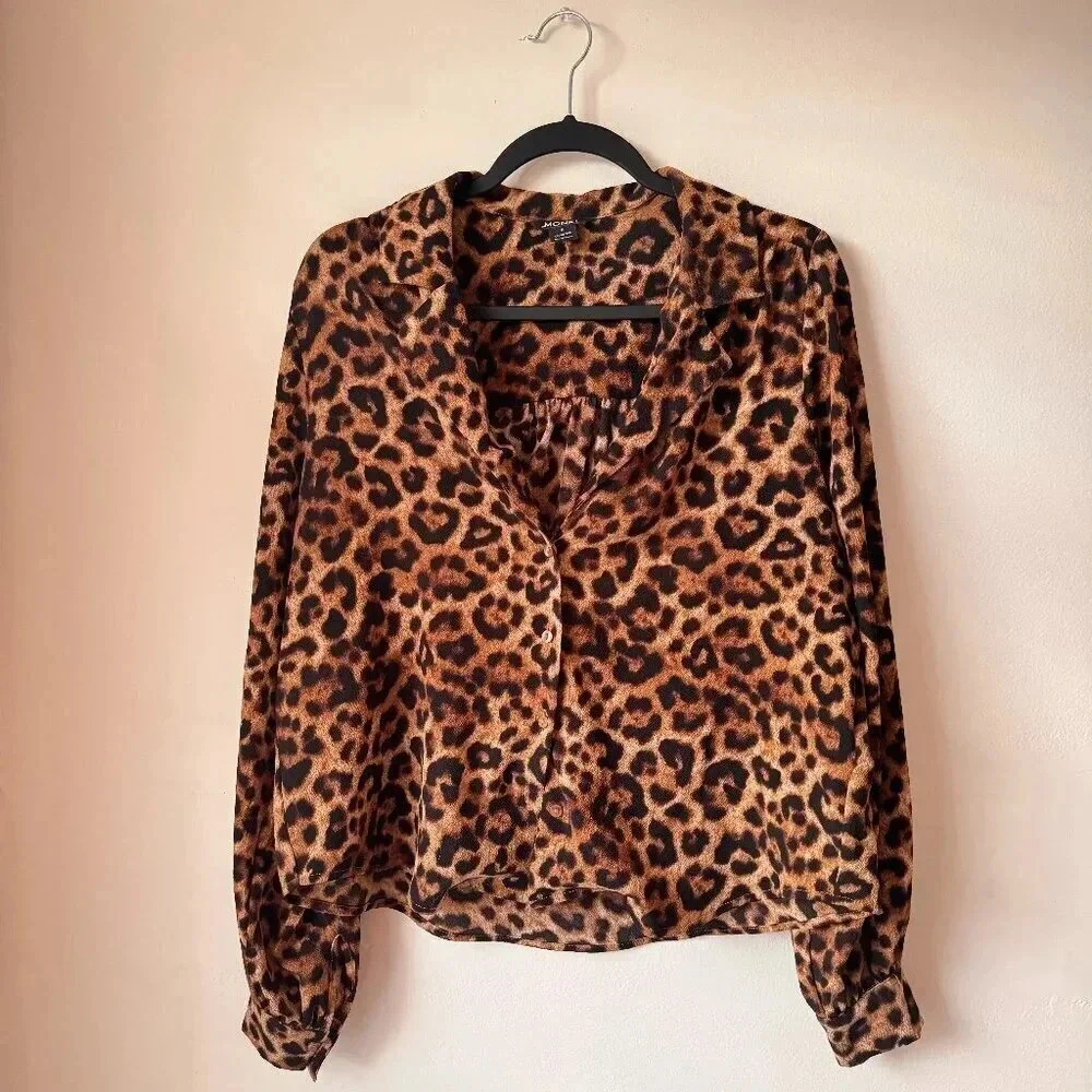 Monkl | Brown Leopard Print Button Down Shirt Cuff Sleeves - Size Small - Picture 2 of 3